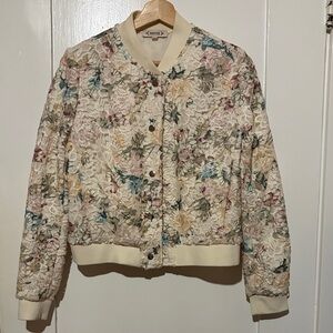 Vintage-Inspired Floral Lace Bomber Jacket - Cream